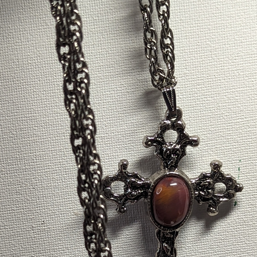 Elegant Silver Cross Necklace with Purple Stone